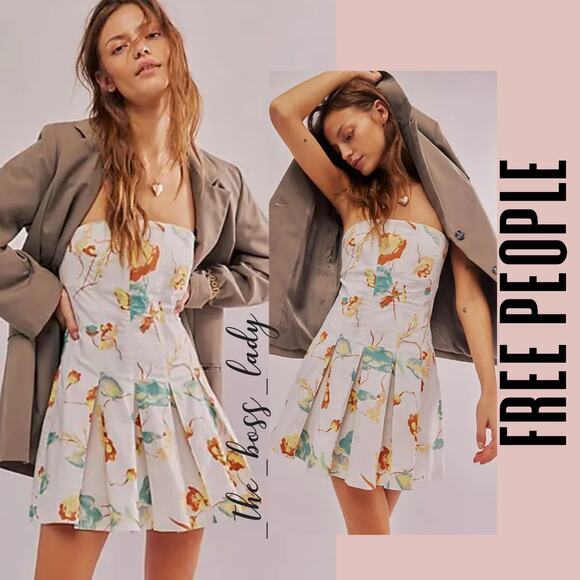 Free People floral mini dress strapless pleated spring summer cotton Medium - Picture 1 of 9